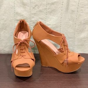 Dark Tan Bamboo lace up peep toe wedges